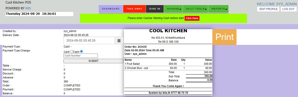 Restaurant POS System with Kitchen Printer